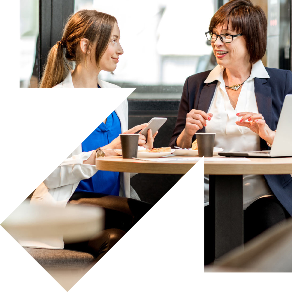 Careers - two people in conversation within an arrow outline 