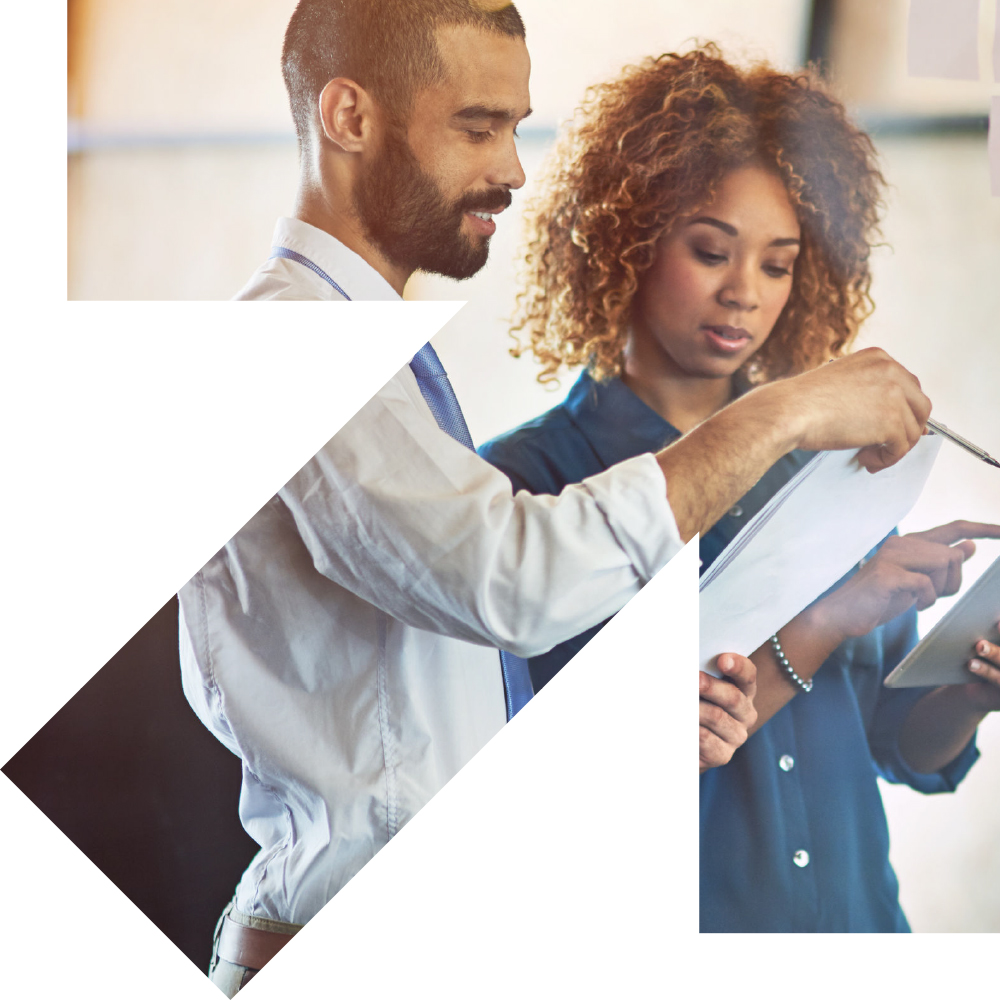 Careers - two people in conversation within an arrow outline 